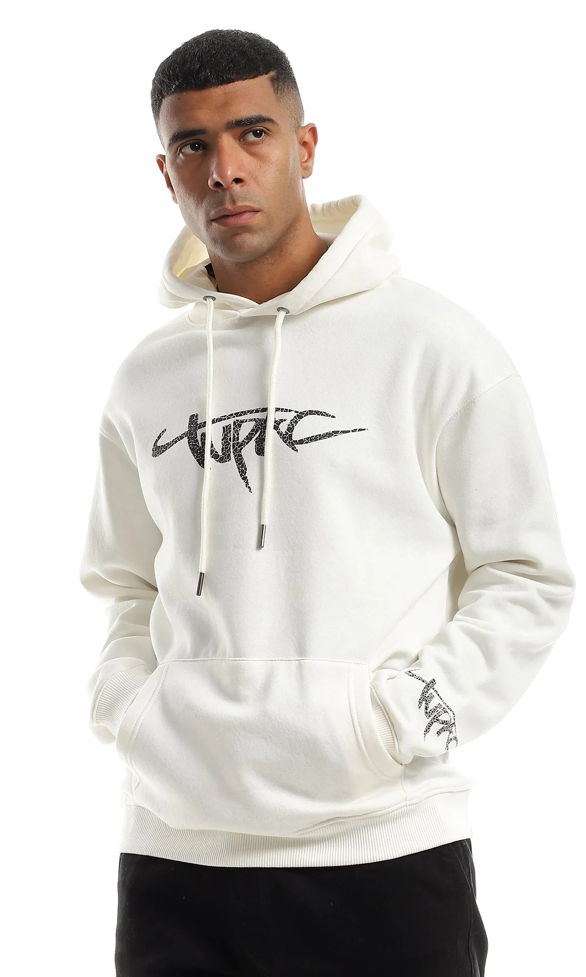 O151008 Off White Fleece Hoodie With Chest Print