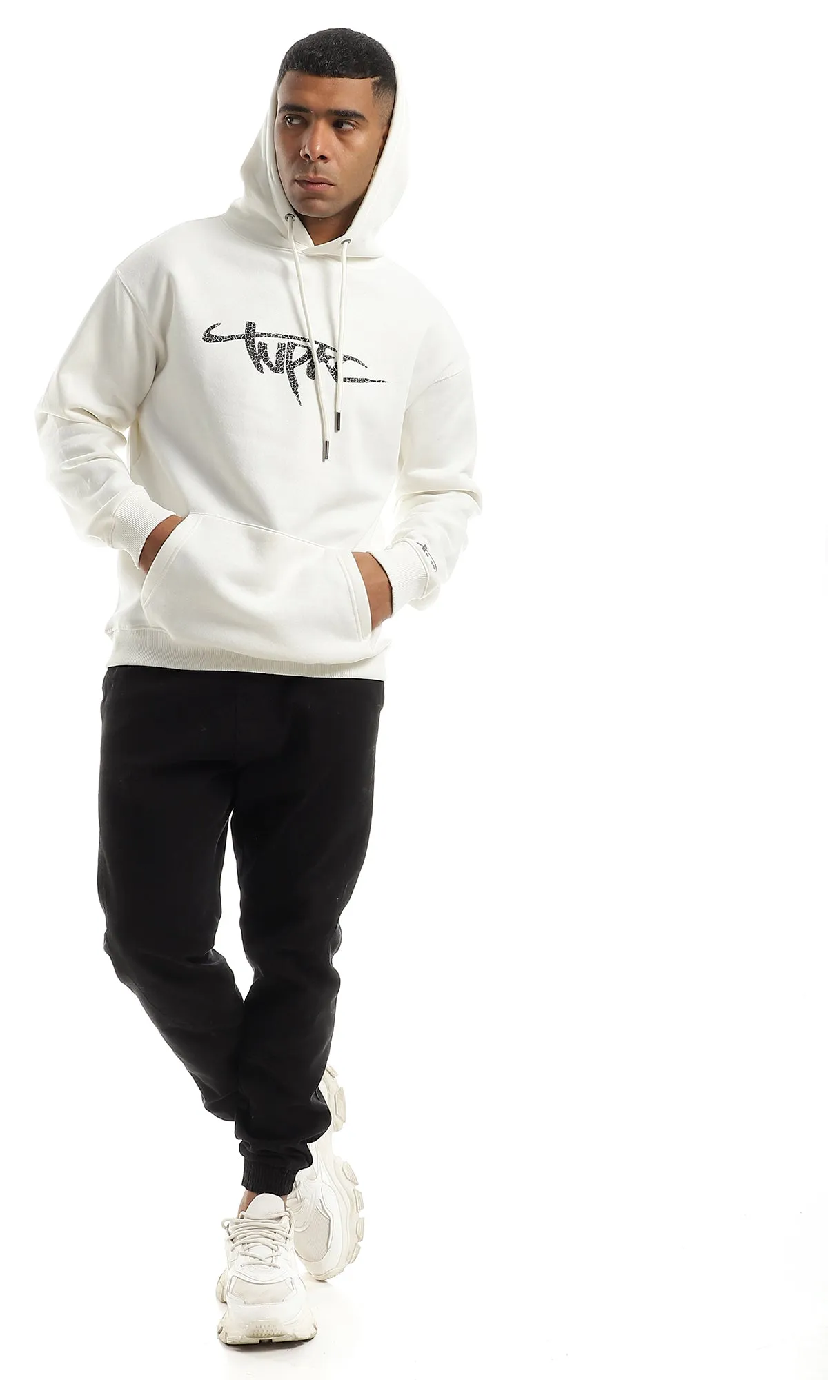 O151008 Off White Fleece Hoodie With Chest Print