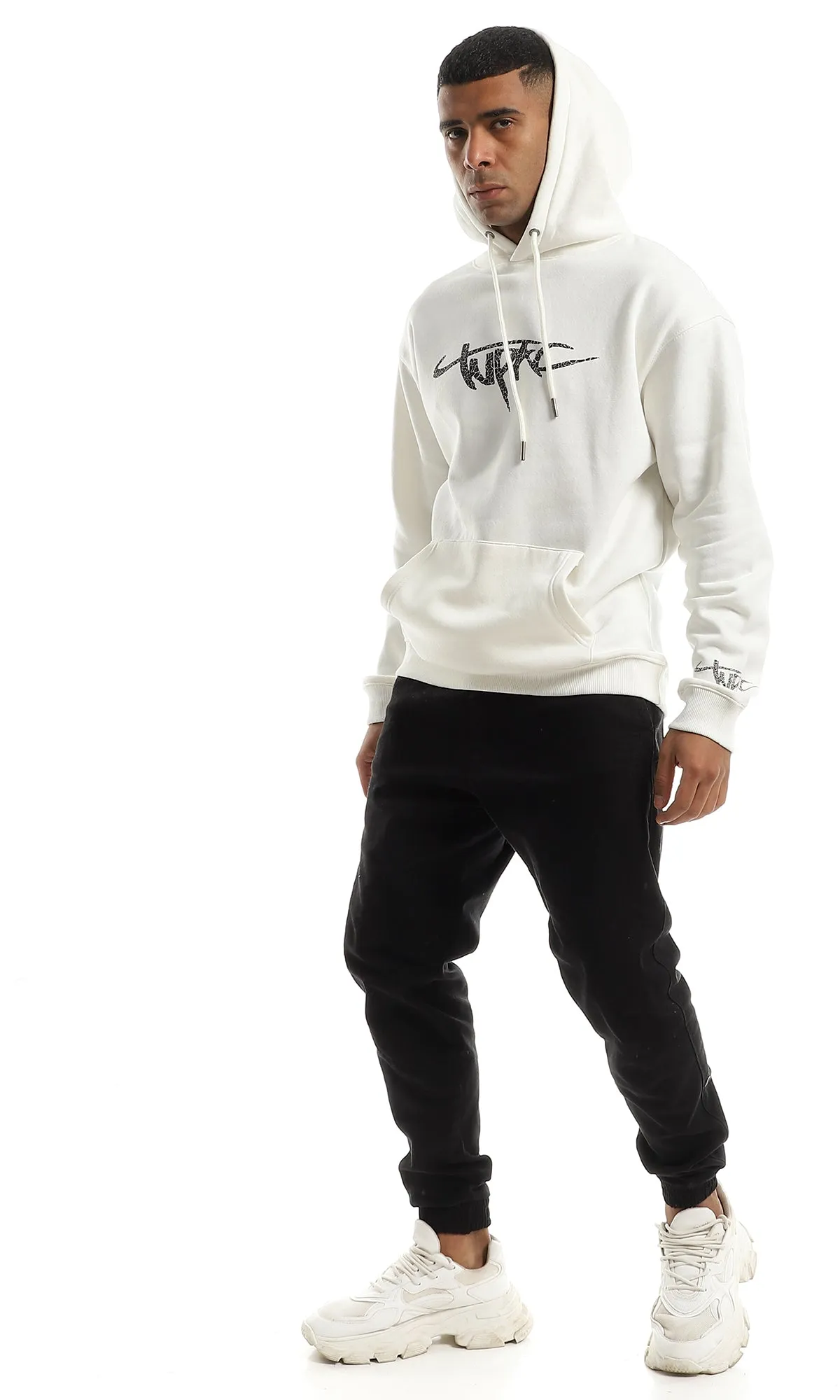 O151008 Off White Fleece Hoodie With Chest Print