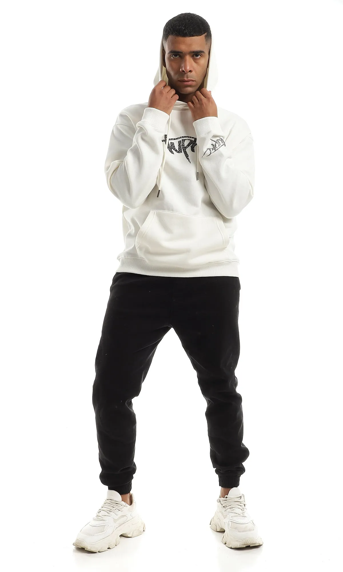 O151008 Off White Fleece Hoodie With Chest Print