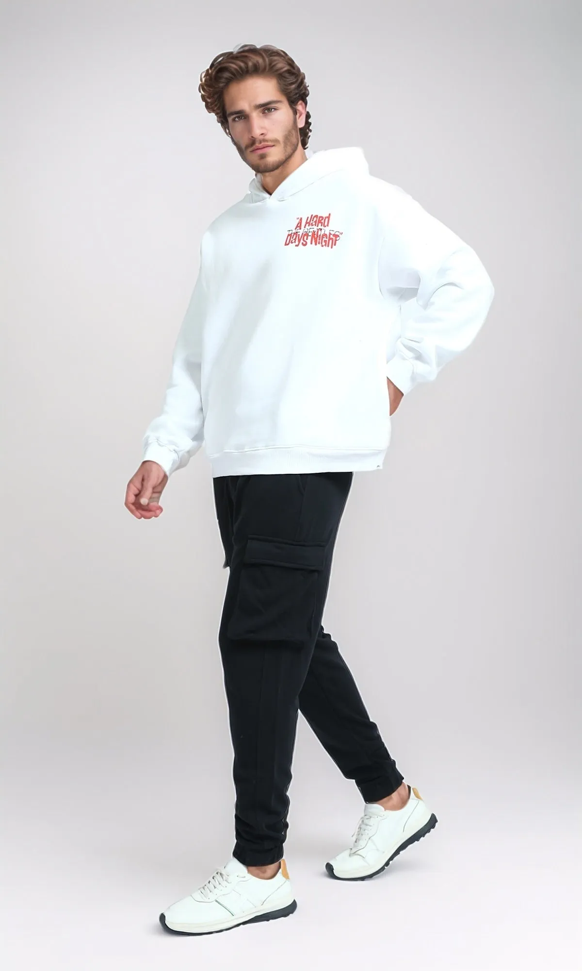 O202199 - Long Sleeves Printed Winter Hoodie - White