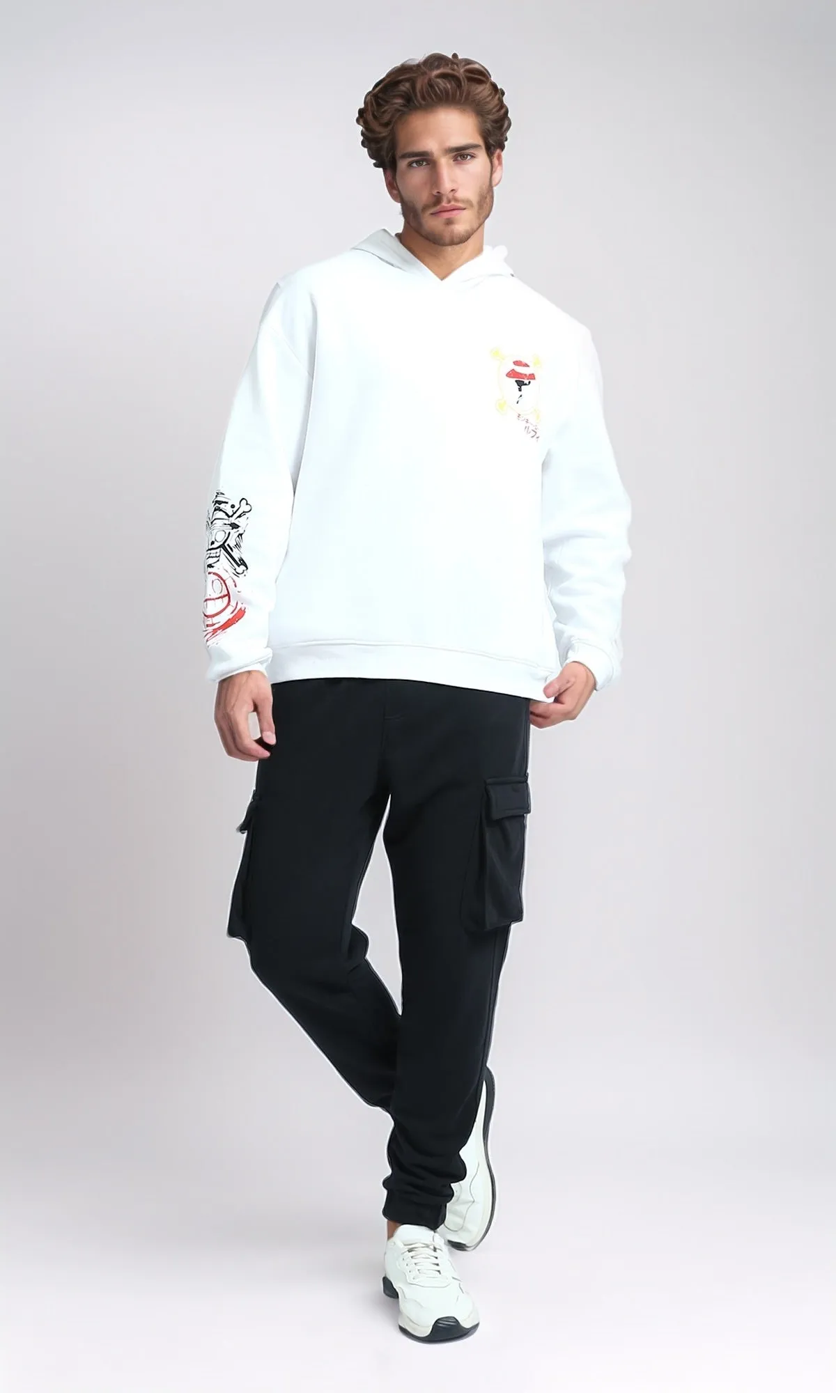 O202200 - Printed Long Sleeves Hoodie - White