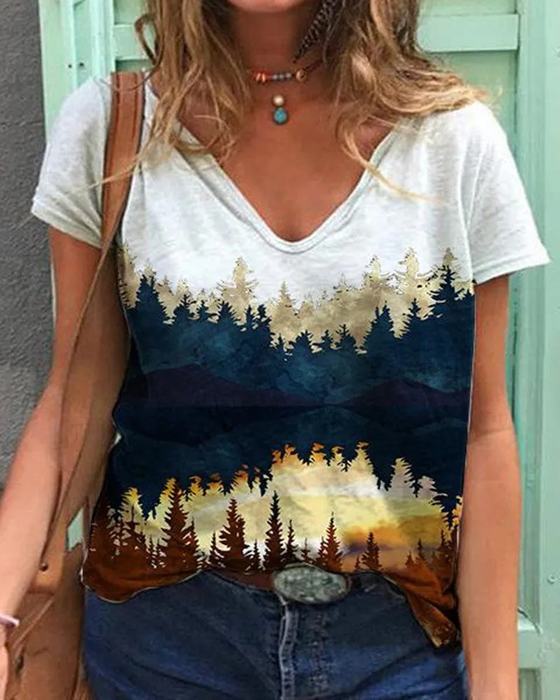 Printed T-shirt women V-neck short-sleeved T-shirt
