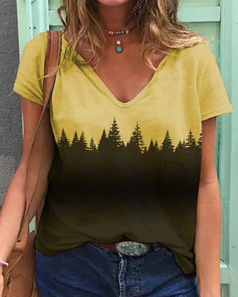 Printed T-shirt women V-neck short-sleeved T-shirt
