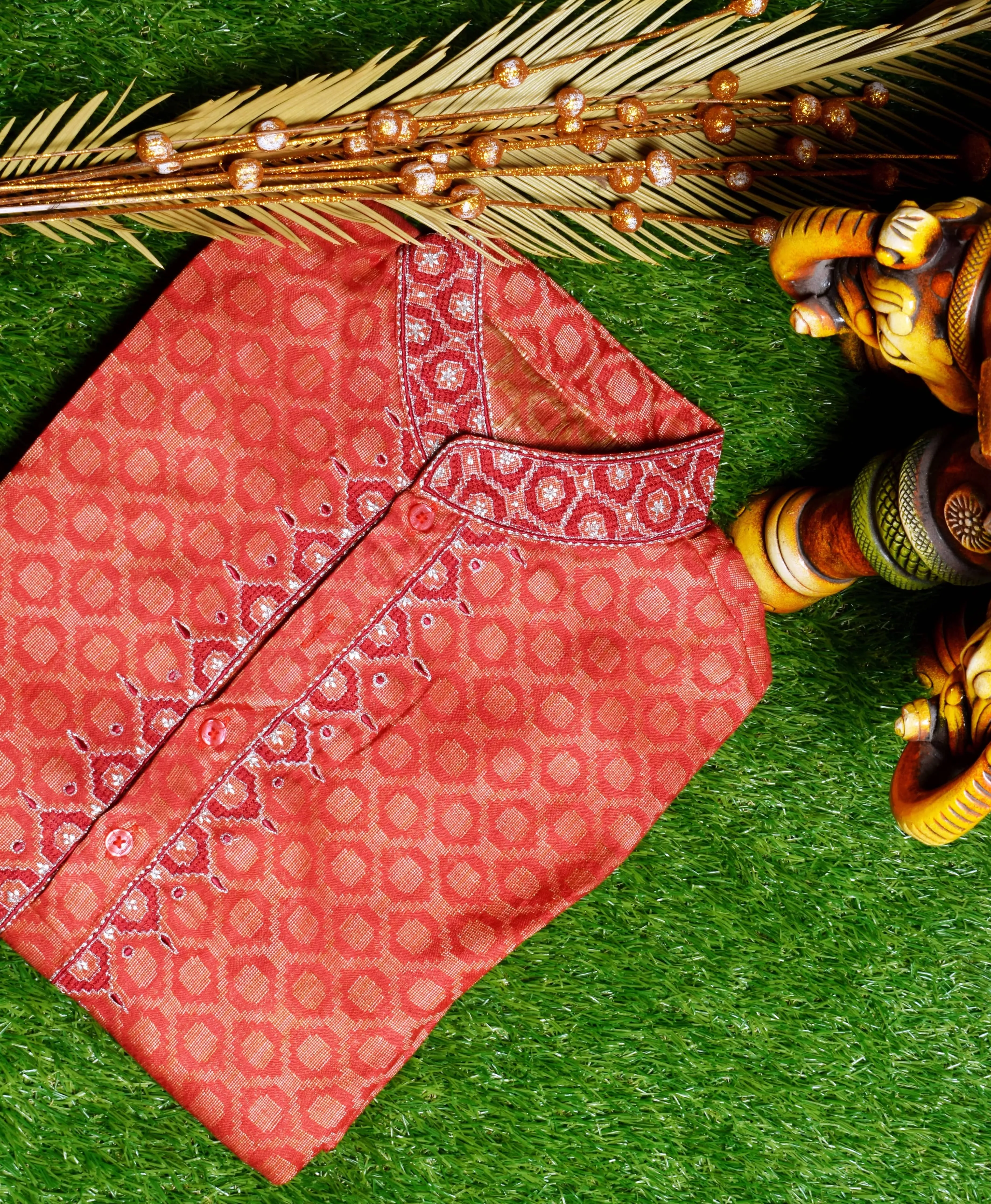 Red Cotton Silk Embroidered Kurta