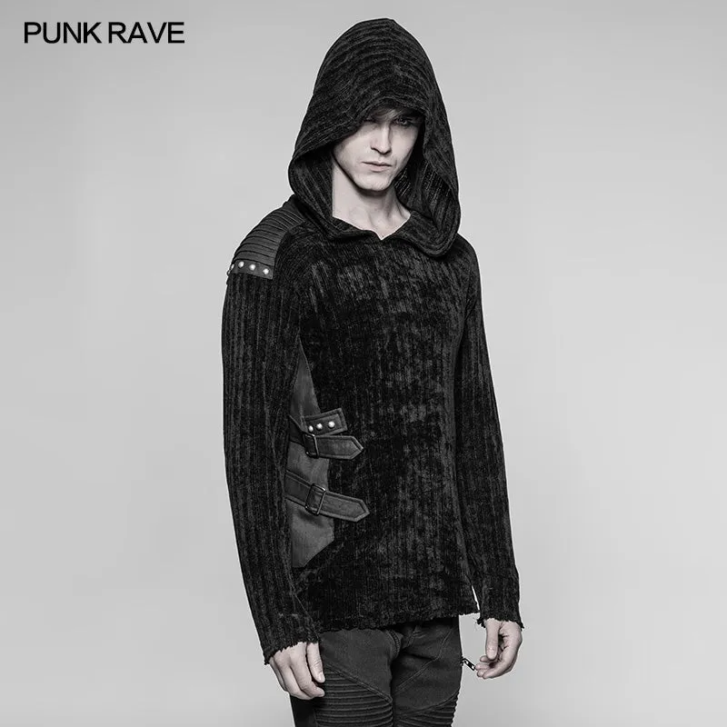 WM-046 Mens Dark Punk Knitting Hoodies Personality Mosaic Hooded Sweater Top