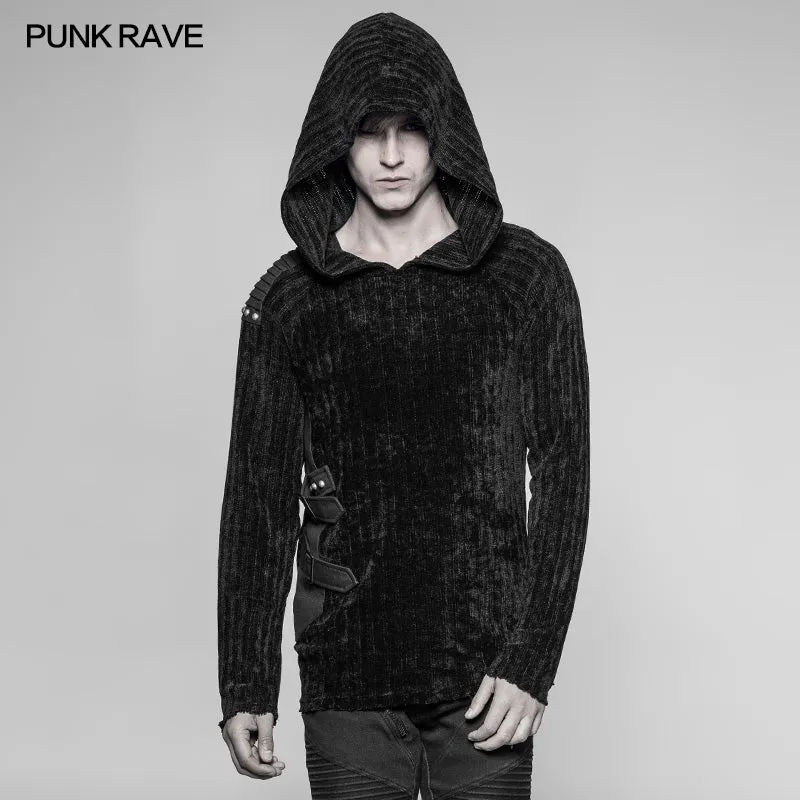 WM-046 Mens Dark Punk Knitting Hoodies Personality Mosaic Hooded Sweater Top
